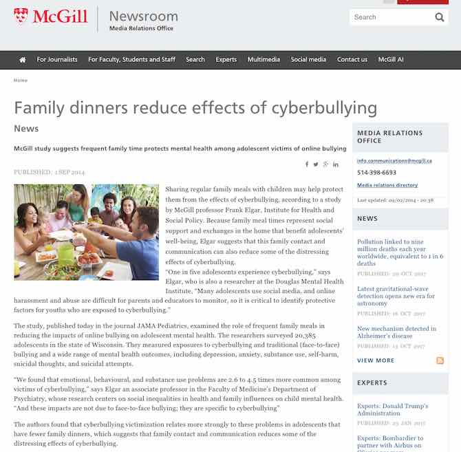 Family dinners reduce effects of cyberbullying