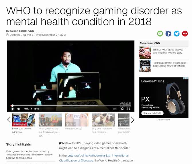 WHO to recognize gaming disorder as mental health condition in 2018